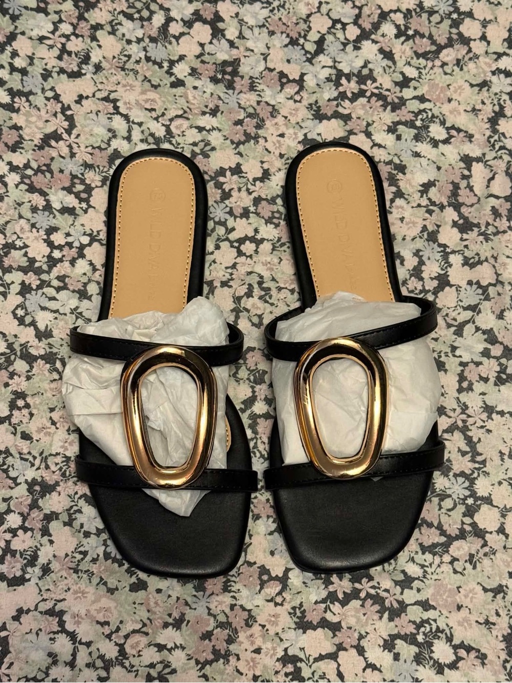 Black Slide Sandals with Gold Accent